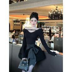 批发法式纯欲风套装裙秋冬蕾丝修身<b class='q'>长袖</b>上衣+系带蓬蓬半身纱裙<b class='q'>两件套</b>