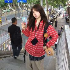 批发美式韩系复古长袖新款撞色条纹POLOT<b class='q'>恤</b>时尚百搭休闲套头上衣