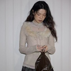 批发「融雪时分」美式复古堆堆领<b class='q'>打底衫</b>女收腰假两件可外穿高领针织衫