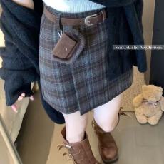 批发辣妹风格纹毛呢高腰半身裙女<b class='q'>秋</b>冬减龄休闲显瘦A字裙短裙