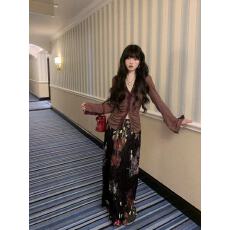 批发纯欲风名媛辣妹性感设计蕾丝<b class='q'>长袖</b>上衣+显瘦高腰碎花半<b class='q'>裙</b>时尚套装