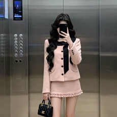 批发学院风富家千金粉色套装女微胖高腰半身<b class='q'>裙</b>新款蝴蝶结外套两件套