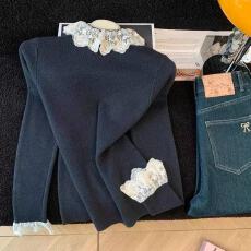 批发法式高领花边蕾丝拼接洋气温柔打底<b class='q'>针织衫</b>秋冬长袖修身毛衣女上衣