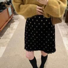 批发韩系加绒波点蕾丝花边丝绒半身裙女冬新款松紧腰显瘦A字裙