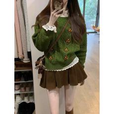 批发冬装搭配一整套圣诞节穿搭绿色麻花毛衣叠穿<b class='q'>蕾丝</b>打底衫短裙三件套