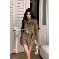 批发韩系千金小香风蝴蝶结收腰毛呢外套秋<b class='q'>冬</b>款高腰显瘦格子短裤子套装