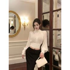 批发法式高级感灯笼袖立领宽松短款褶皱衬衫新款