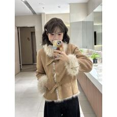 批发环保皮草皮毛一体外套女欧货<b class='q'>秋</b>冬新款复古棕色配包鹿皮绒毛毛上衣