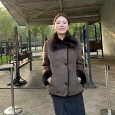 批发网红中欧复古调翻领斜门襟皮毛一体外套女<b class='q'>秋</b>冬修身显瘦小个子上衣