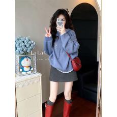 批发秋冬搭配一整套韩系穿搭慵懒<b class='q'>蓝色</b>连帽针织上衣短裙两件套