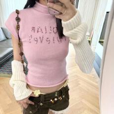 批发小高领针织短袖女夏季珠片绣粉色<b class='q'>短款</b>T恤辣妹风收腰显瘦正肩上衣