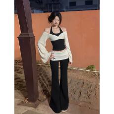 套装女2026春季新款韩系设计感假两件挂脖长袖上衣高腰显瘦长裤潮