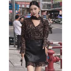 批发美式复古豹纹风套装女2026新款小众飘带衬衫<b class='q'>连衣裙</b>气质洋气<b class='q'>两件套</b>