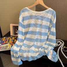 批发蓝色条纹长袖T恤女夏季防晒<b class='q'>罩衫</b>宽松洋气薄款慵懒风交叉美背上衣