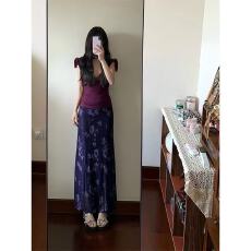 批发夏季纯欲辣妹风低胸性感V领紫色吊带女紫色印花<b class='q'>网纱</b>半身裙套装