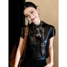 批发PU皮短袖外套2026春新品黑色上衣女百搭舒适<b class='q'>宽松</b>显瘦百搭舒适内搭