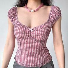 批发大码<b class='q'>女装</b>胖mm复古<b class='q'>欧美风</b>印花格子泡泡袖T恤修身显瘦短袖辣妹上衣