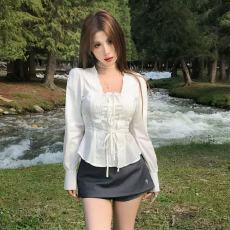 批发<b class='q'>大码</b><b class='q'>女装</b>微胖mm秋季白衬衫花边设计感辣妹收腰衬衣显身材内搭上衣