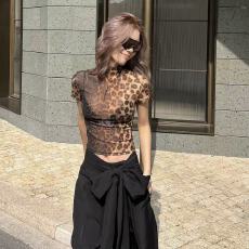 批发美式复古辣妹豹纹印花短袖T恤女夏季<b class='q'>欧美风</b>修身显瘦打底上衣