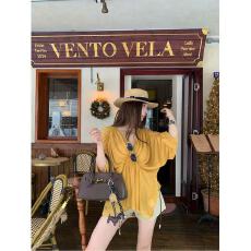 批发姜黄色褶皱v领长袖<b class='q'>衬衫</b>女秋季2025新款宽松雪纺<b class='q'>衬衣</b>小众<b class='q'>气质</b>上衣