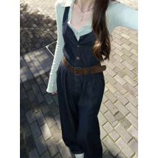 批发<b class='q'>韩版</b>时尚穿搭一整套复古清新牛仔高腰连体背带裤女+蓝色打底上衣