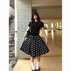 韩系chic复古圆领泡泡袖修身针织上衣女夏季高腰波点半身裙两件套