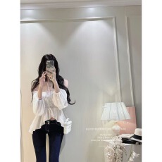 批发【奶盐微醺】清纯白月光韩系温柔韩女纯欲一字长袖露肩<b class='q'>上衣</b>喇叭裤