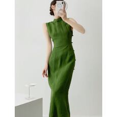 批发复古绿色新中式改良日常<b class='q'>旗袍</b>裙国风简约<b class='q'>长款</b>连衣裙女2026夏季新款