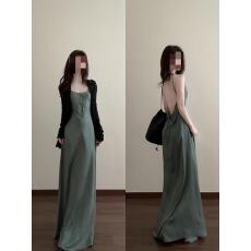 批发套装女2026春季新款法式吊带连衣裙垂感显瘦露背长裙<b class='q'>长袖</b>针织开衫