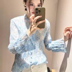 批发漂亮独特超好看上衣高级感减龄洋气蓝色花朵印花系带长袖<b class='q'>衬衫</b>女