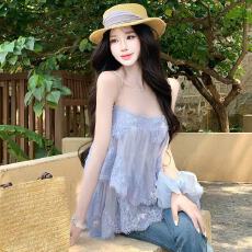 批发法式时尚休闲风蓝色蕾丝荷叶边绑带吊带衫女度假风设计感<b class='q'>百搭</b>上衣