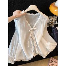 批发法式木耳边V领系带<b class='q'>长袖</b><b class='q'>衬衫</b>女夏季外搭微透宽松显瘦防晒开衫外套