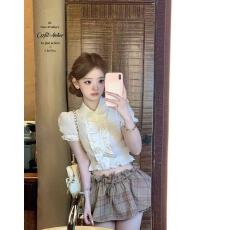 批发套装女2026夏季新款甜辣妹花朵翻领花边短袖衬衫格纹<b class='q'>花苞</b>系带<b class='q'>裙</b>裤