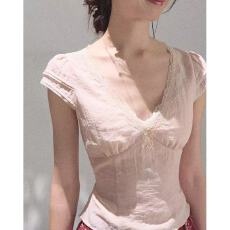 批发法式双层花边<b class='q'>v领</b>绑带短袖t恤女夏季新款修身显瘦纯欲减龄上衣小衫