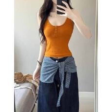 批发<b class='q'>韩版</b>纯欲纽扣U领气质吊带背心女夏季学院风修身显瘦洋气百搭上衣