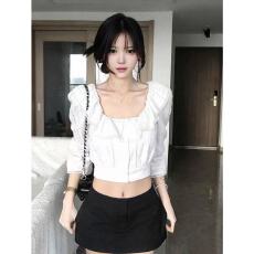 批发【雪领缀花】法式气质七分袖<b class='q'>雪纺衫女</b>夏季花边领衬衫修身短款上衣