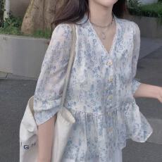 批发春季<b class='q'>新款</b>法式碎花娃娃衫七分袖雪纺衬衫设计感小众宽松显瘦上衣女