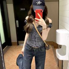 批发【两穿】网红爆款复古美式辣妹修身格纹一字肩露肩短袖<b class='q'>衬衫</b>上衣女