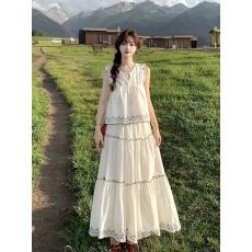 批发波西米亚度假风<b class='q'>套装</b>女夏季法式系带小飞袖刺绣上衣背心半身裙子潮