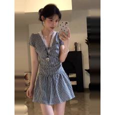 批发法式气质v领蕾丝<b class='q'>连衣裙</b>子女夏季新款设计感修身显瘦<b class='q'>黑白</b>格子短裙