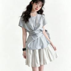 批发夏季穿搭一整套<b class='q'>女装</b>韩系短袖收腰上衣搭配A字半身裙两件套巨好看