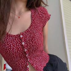 批发纯棉赵露思同款碎花上衣 BM风木耳边高腰短袖开衫t恤女