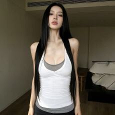 批发<b class='q'>街头</b>辣妹百搭撞色拼接两件套挂脖吊带简约基础修身叠穿背心上衣