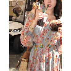 批发法式时尚简约优雅印花<b class='q'>一字肩</b><b class='q'>连衣裙</b>休闲百搭设计感连气质小众长裙