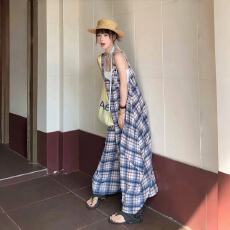 批发复古格纹<b class='q'>连体</b>阔腿裤女夏季 新款宽松大码阔腿裤吊带长裤潮裙裤