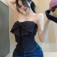 批发蝴蝶结条纹露背无袖抹胸背心女夏季修身收腰裹胸外穿纯欲短款上衣