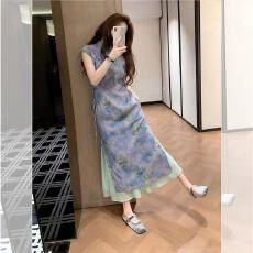 批发2026夏大码国风禅意女装改良旗袍新中式绿色碎花连衣裙高级感<b class='q'>套装</b>