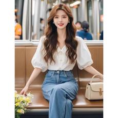 批发2026夏季新款白色<b class='q'>中袖</b>衬衫女款时尚法式气质小香风泡泡袖显瘦上衣