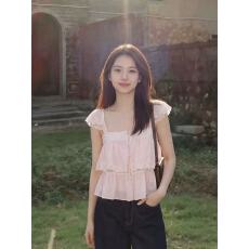 批发2026夏季法式温柔风蕾丝拼接衬衫上衣女<b class='q'>大码</b>百搭粉色甜美无袖小衫