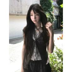 批发假两件短袖衬衫女春季碎花<b class='q'>蕾丝</b>掐腰衬衣外套设计感显瘦学院风上衣